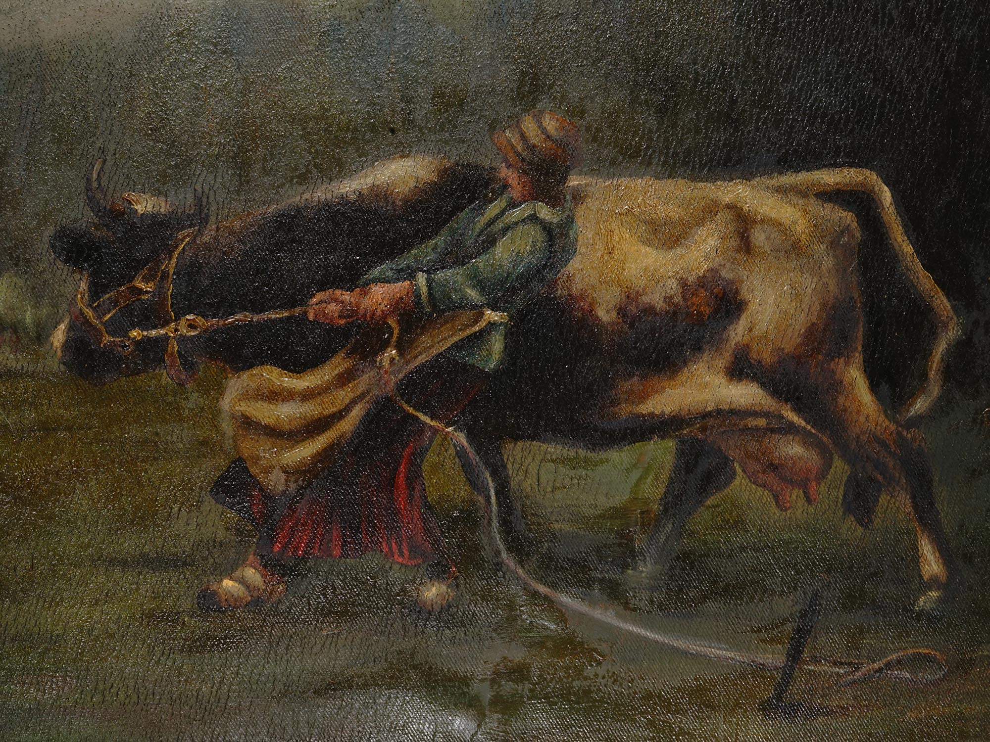 ANTIQUE 19 C PAINTING OF A WOMAN PULLING A COW PIC-2